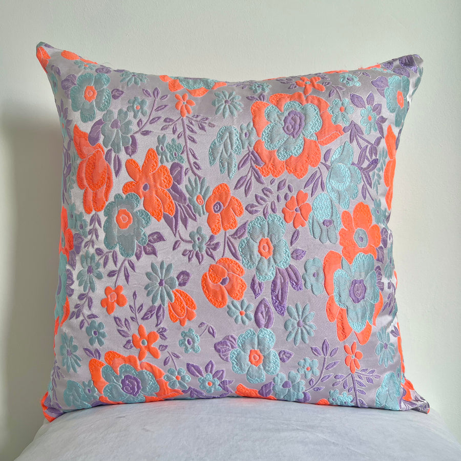 Brocade Cushion in Neon Orange & Lilac
