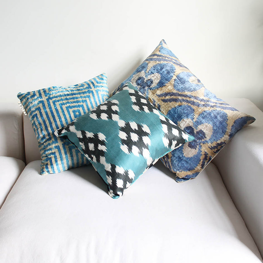 Silk Velvet Ikat Cushion in Mauve + Ecru Pattern