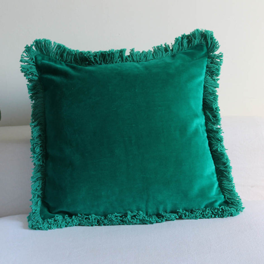 Emerald Fringed Velvet Cushion